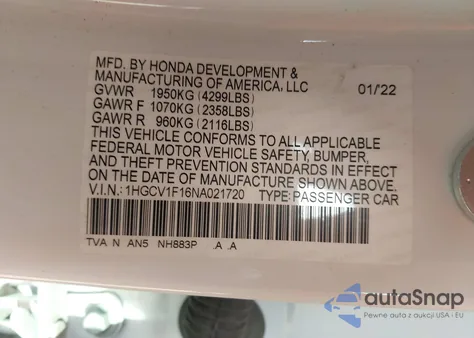 2022 Honda Accord Lx z USA, uszkodzony, nr VIN 1HGCV1F16NA021720